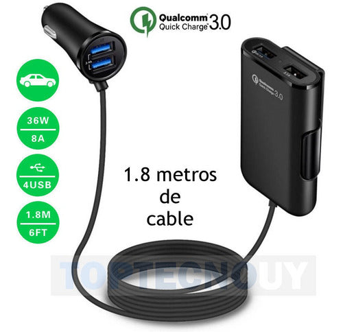 Toptecnouy Cargador De Auto 4 Puertos Usb Qc 3.0 Cargdor Rapido 8a 36w® 3