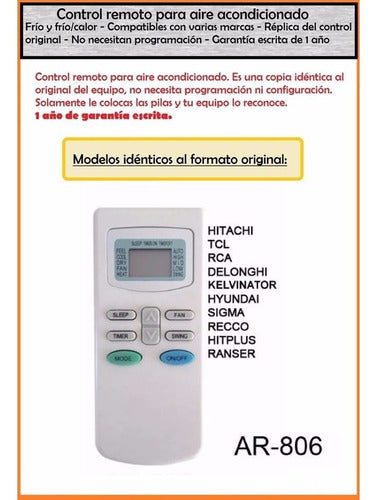 Control Remoto Aire Acondicionado Para Tcl Rca Hitachi Recco 1