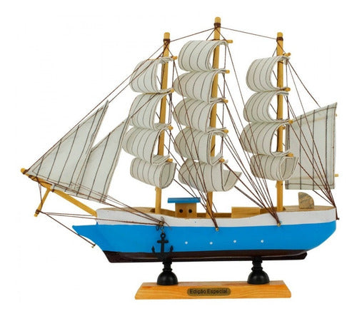 Miniatura Barco Navio Veleiro Madeira Casco Azul 26x5x29cm 0