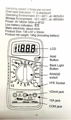 Gralf Tester Multimetro Digital DC AC Resistencia Diodo DT850L 4