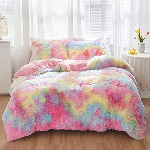 Sucses Fluffy Faux Fur Comforter Set with Rainbow Tie-Dye 0