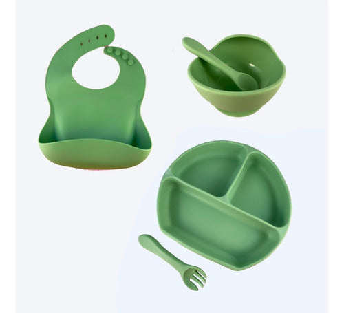 Set Silicona Bebé Babero +bowl +cuchara + Tenedor Y Plato 0