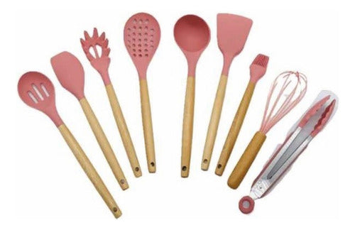 Set of 9 Kitchen Utensils with Wooden Handle and Pink Silicone Tip 2