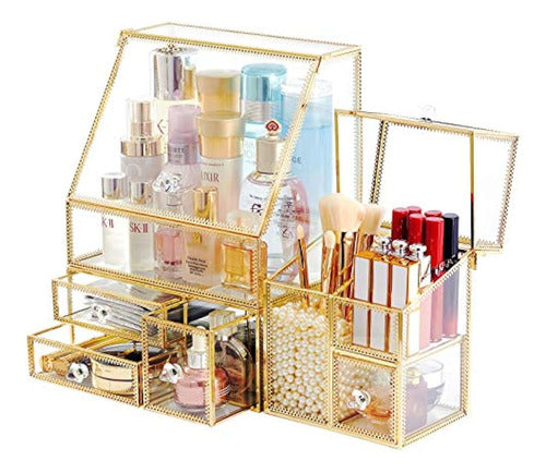 Hersoo Stackable Organizer with 3 Drawers - Vintage Glass Bathroom Organizer 1