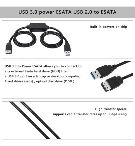 Xmsjsiy Cable Adaptador Usb A Esata De 5 Gbps Usb 3.0 A Alim 2