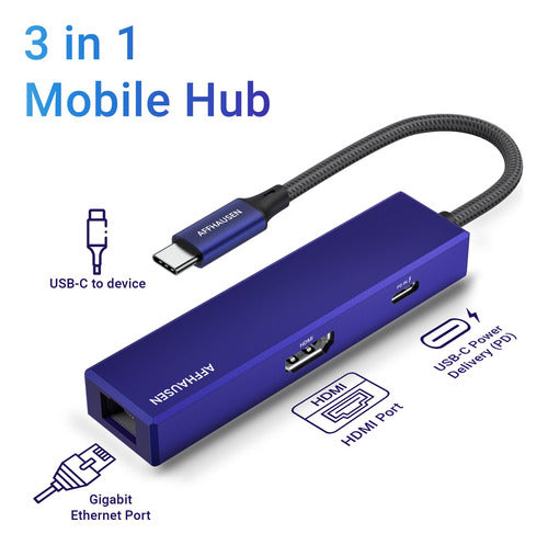 Affhausen Usb-c Hub (3 En 1) Hm01, Con Puerto Gigabit Ethern 1