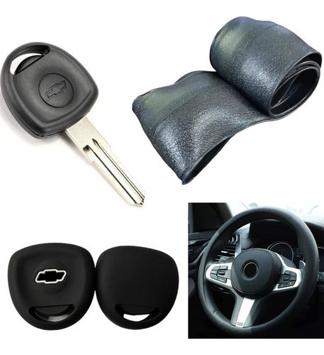 Steering Wheel Cover + Silicone Key Cover for Chevrolet Corsa Black 0