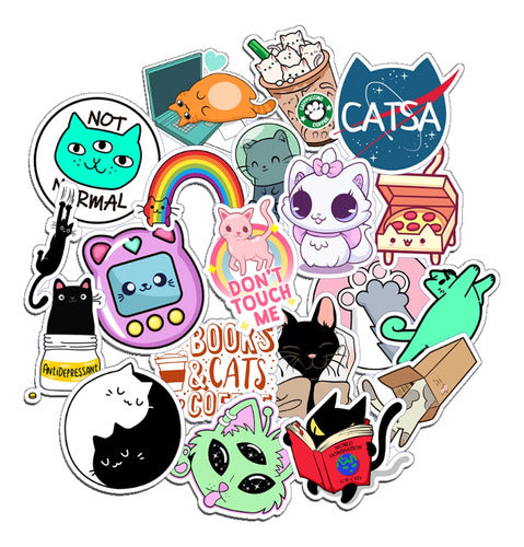 Stickers Calcos Vinilo Gatos Mix X20 Apto Agua Termo Auto 0