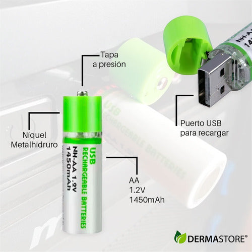 DERMASTORE Set X2 Rechargeable USB AA Batteries 1