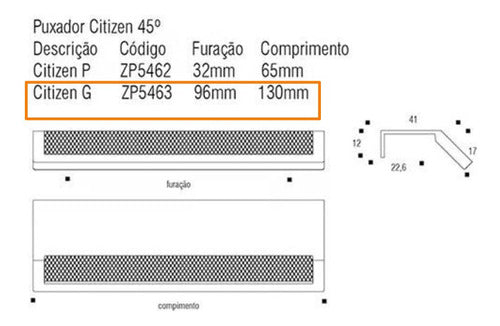 Puxador Moveis Citizen 45 Graus G Escovado Zen 96/130mm 2