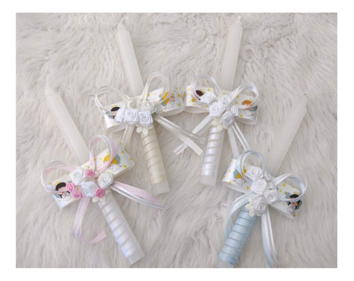 Decorative Baptism Candle Baby Angel with Printed Ribbon and Flowers 0