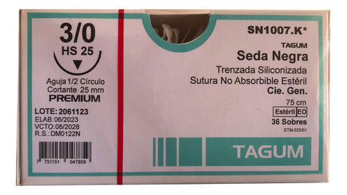 Sutura X1 Tagum 3/0 Black Silk Suture Needle 1/2 Circle 25mm Triangular 0