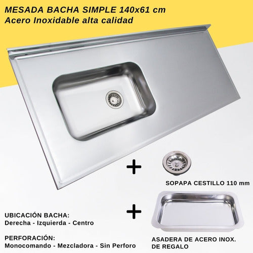 Masecor Mesada 140cm Bacha Simple De Acero Inoxidable Grueso 100% Calidad + Asadera De Acero Profesional De Regalo 2