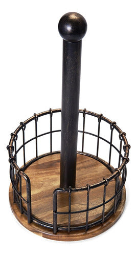 Pfaltzgraff Antique Anvil Cage Wire and Acacia Wood Paper Towel Holder, Black 1