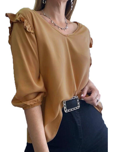 Women's Solid Color Blouse 3/4 Sleeve Lightweight Fibrana Top Lady 3