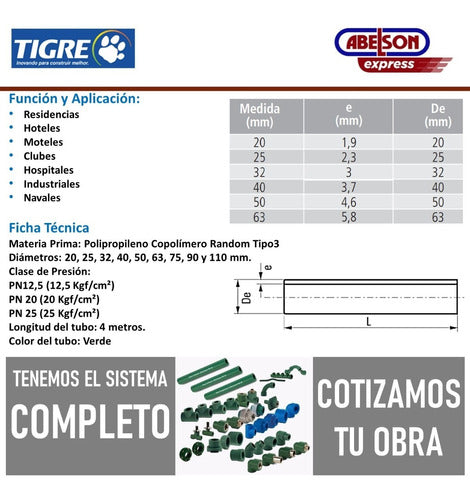 Tigre Caño Fusion PN 12 40 mm Agua Fría (1 1/4) Verde C 1