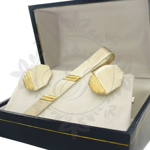 925 Silver and Gold Engraved Cufflinks and Tie Clip Set 0