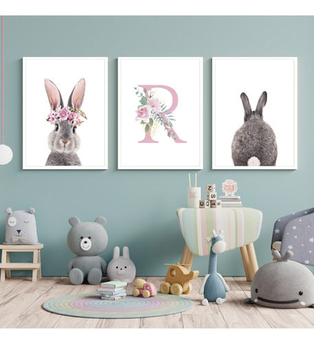 Hoku Deco 3 Framed Pictures for Kids - Bunnies - Initial Flowers - 30x45 0