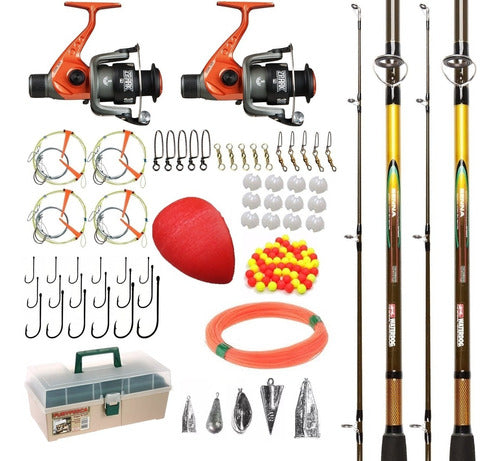 Waterdog Complete Fishing Kit Set 2 Reels + 2 Rods 1.95 M 2 Sections + Complete Accessories Box 0