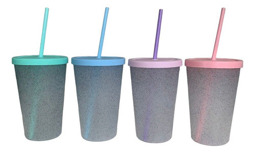 Set of 4 Glitter Plastic Cups with Straw and Lid 500ml 0