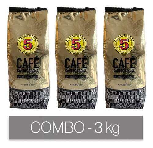 5 Hispanos Combo Café En Granos Tostado Santos Crema 3kg 0