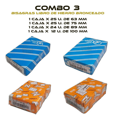 Fumaca Bisagra Libro Hº Bronceado Combo 3 - 63+75+89+100 Mm 1