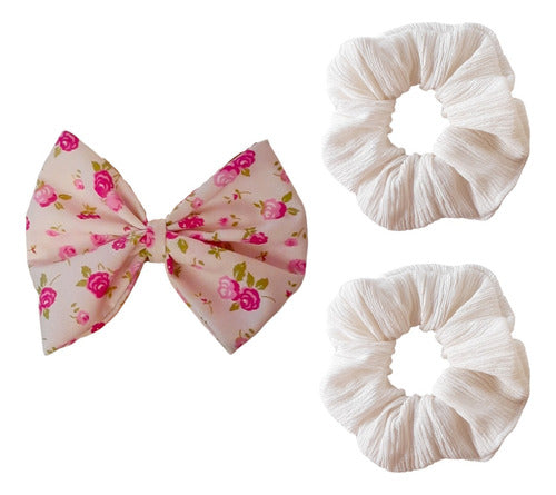 Combo Scrunchie Hair Tie XL White Bone x2 + Pink Flower Bun 0