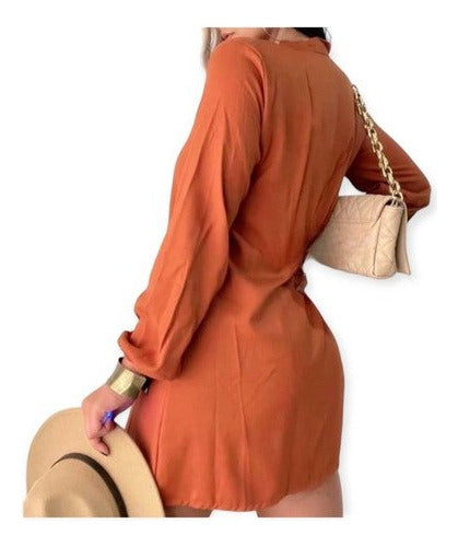 Short Dress with Long Sleeve A-line Cut V-neck Fibrana Fabric 1