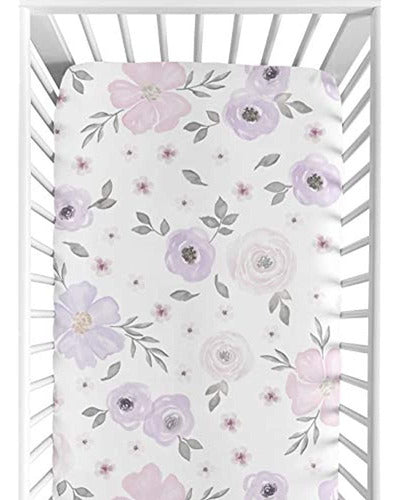 Sweet Jojo Designs Lavender Purple, Pink, Gray and White Fitted Crib Sheet 0