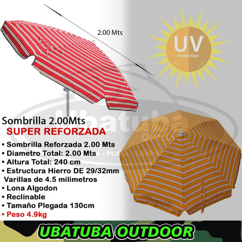 2m Super Reinforced Beach Umbrella UV+100 Cotton Fabric National 10