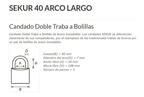 Candado Sekur Doble Traba Arco Largo 40mm Sekur 2