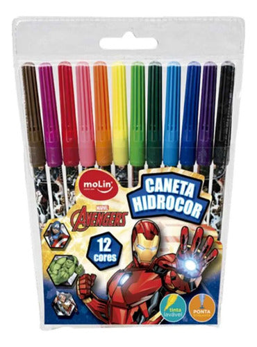 Kit Canetinha Caneta 12 Cores Hidrocor Avengers Marvel 0