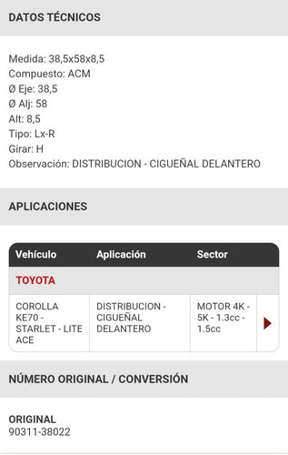 Reten Distribución Toyota Corolla Ke70 Starlet Lite Ace 3527 1