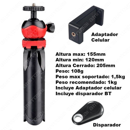AMITOSAI Tabletop Tripod Kit for Product Photography 15.5 cm + Cell Phone Adapter + BT M1 3
