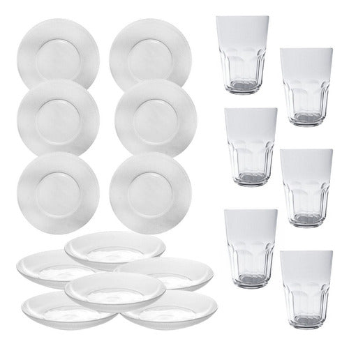 Durax Glass Dinnerware Set X18: 6 Flat Plates, 6 Deep Plates + 6 Glasses 0