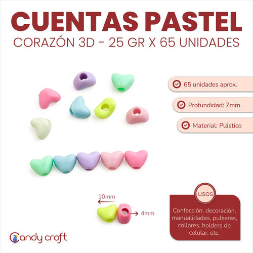 3D Heart Pastel Beads 10mm 65pcs x 25g Bijou 1