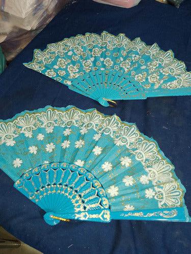 Turquoise Plastic Fan with Golden Print 0
