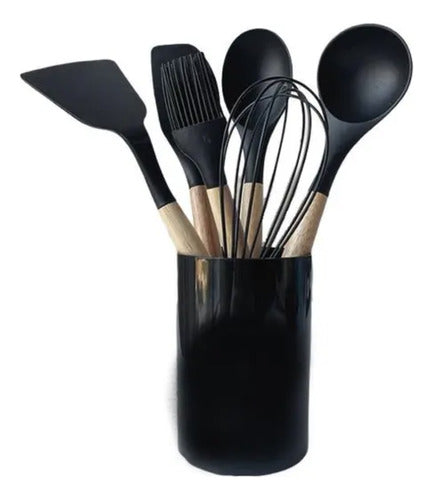 Kit Black 07 Utensílios De Cozinha Em Silicone E Madeira 0