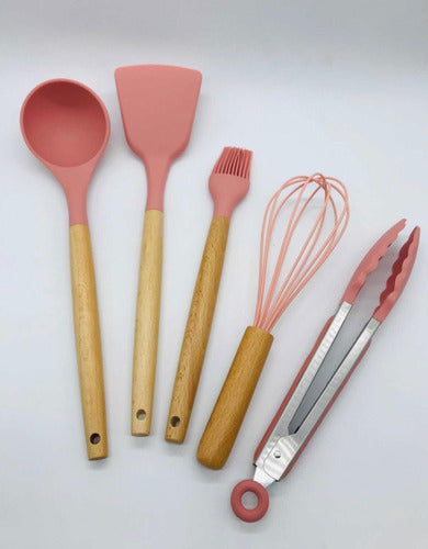 Set of 9 Kitchen Utensils with Wooden Handle and Pink Silicone Tip 3