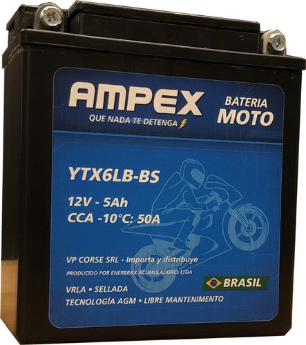 Ampex Sealed Motorcycle Battery, YTX6LB-BS 5Ah Made in Brazil 0