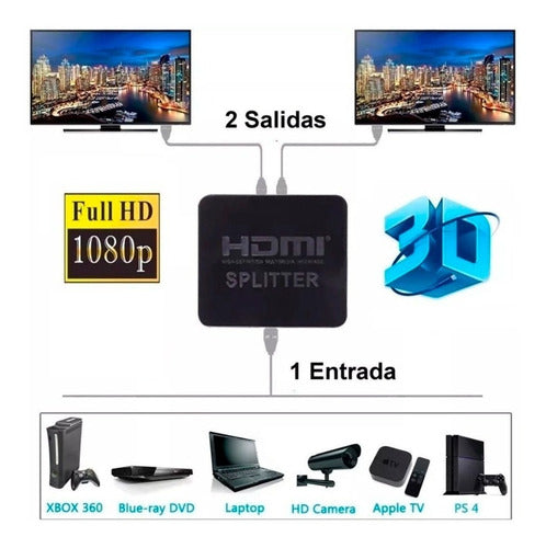 Splitter Hdmi Activo Amplificador De Señal1x2 1080p Pvc 1