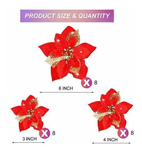 24 Pieces Christmas Glitter Flowers Poinsettia Artificial Xmas Flowers (Red) 1