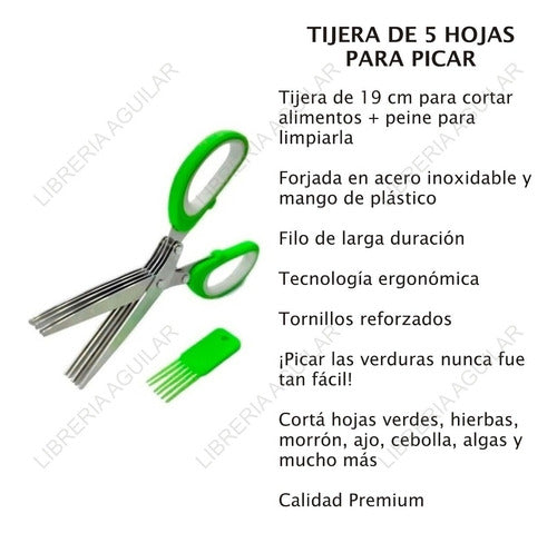 Tijera 5 Hojas Picar Cortar Verduras Acero Inoxidable 19cm 1