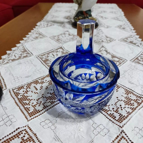 Vintage Hand-Carved Blue Crystal Candy Jar Antique Bohemian 2