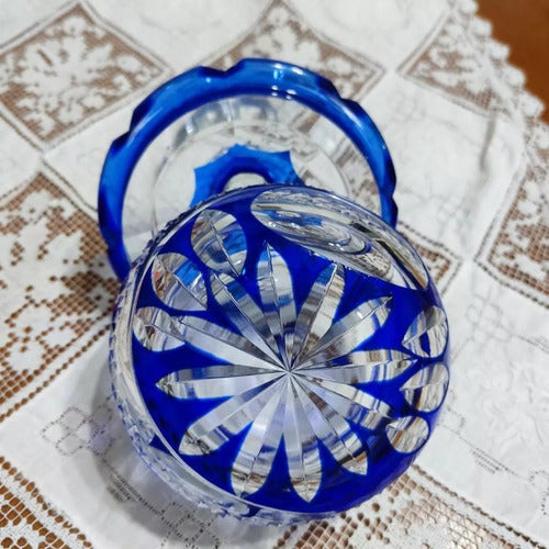 Vintage Hand-Carved Blue Crystal Candy Jar Antique Bohemian 3