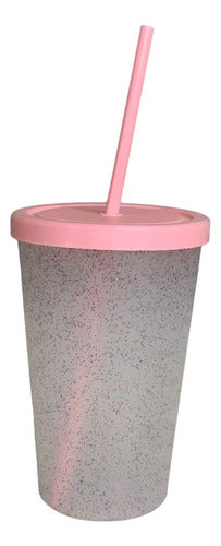 Set of 4 Glitter Plastic Cups with Straw and Lid 500ml 4