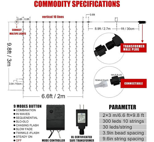 Weillsnow 300 LED Outdoor Curtain Lights, 9.8ftx6.6ft Conectable 1