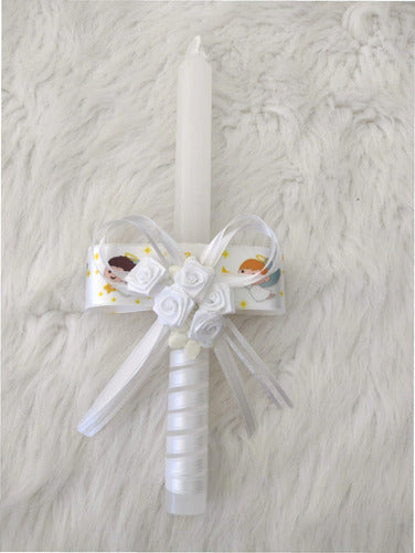 Decorative Baptism Candle Baby Angel with Printed Ribbon and Flowers 1