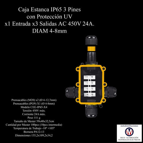 Macroled Caja Estanca IP65 3 Pines Protección UV - 1 Entrada, 3 Salidas 1