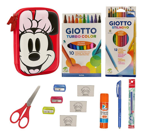 Double Minnie Mouse Eva Pencil Case Kit with Giotto Colored Pencils and Markers 0